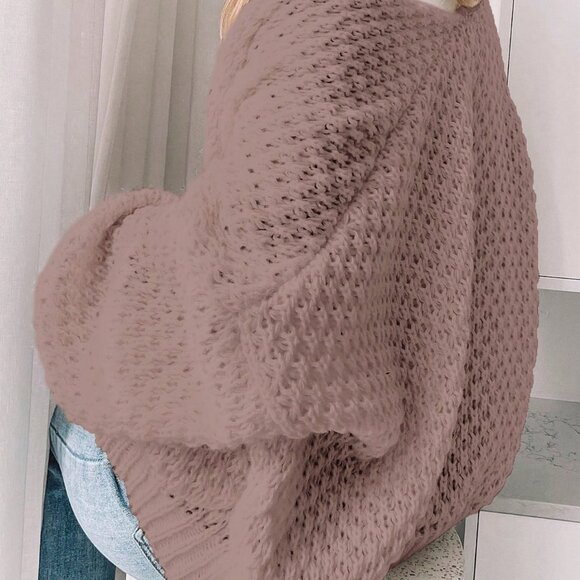 Khaki Casual Women's Dropped Shoulder Long Sleeve Hollow Out Loose Cardigan - Picture 2 of 7